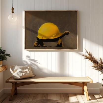 This humorous and subtly poignant art print features a Banksy stencil of a tortoise wearing a large… for entryway