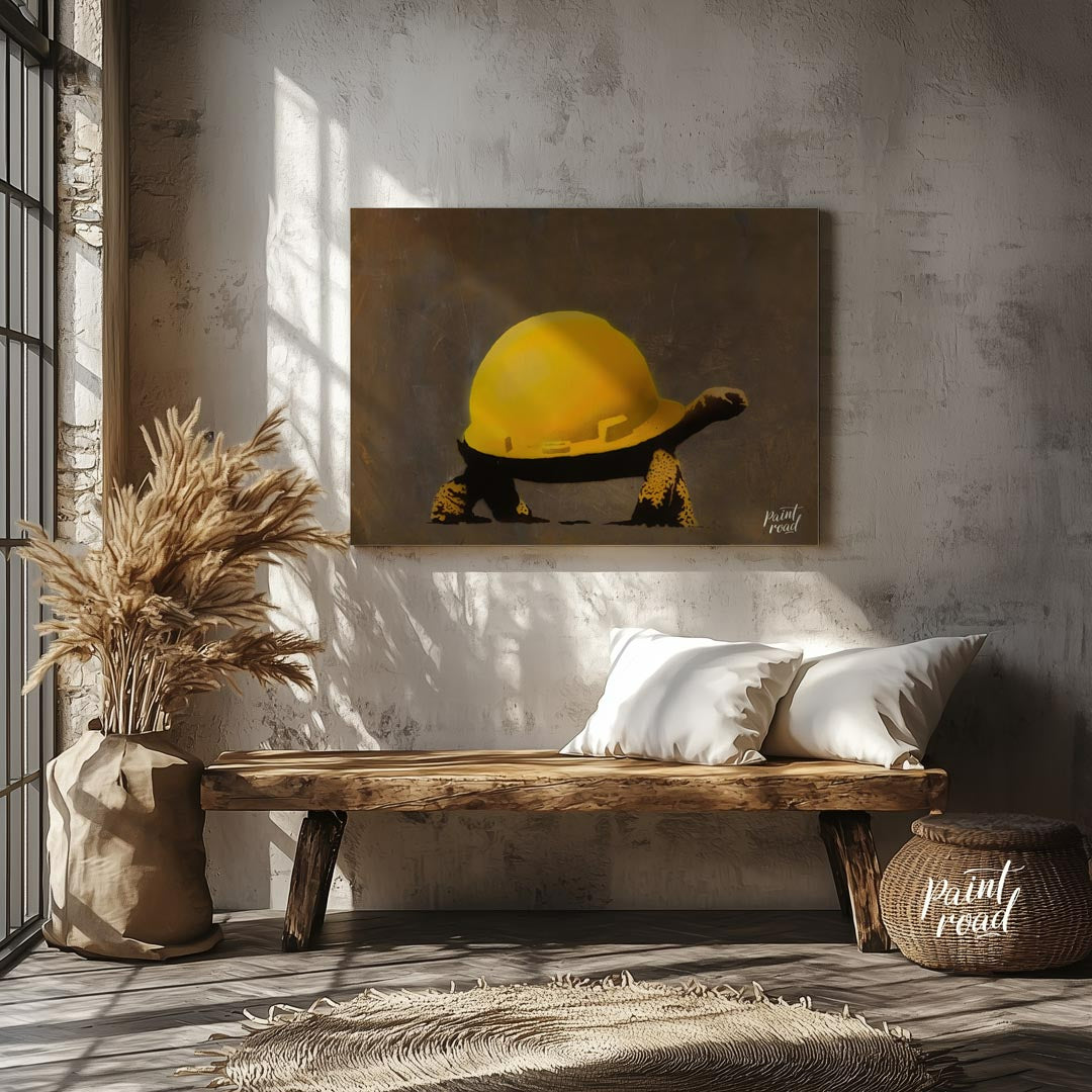 This humorous and subtly poignant art print features a Banksy stencil of a tortoise wearing a large… for entryway