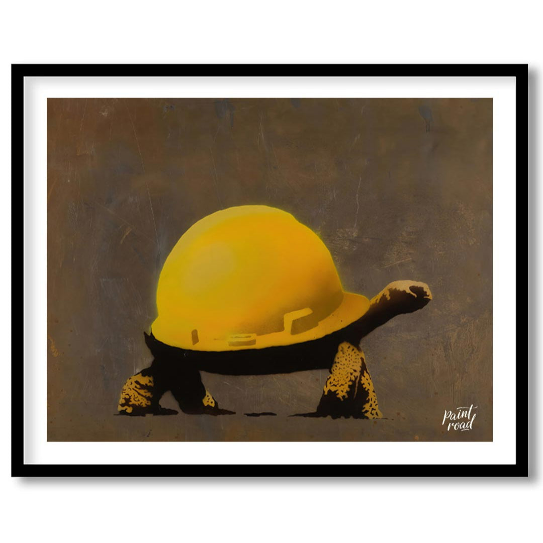 This humorous and subtly poignant art print features a Banksy stencil of a tortoise wearing a large… for home