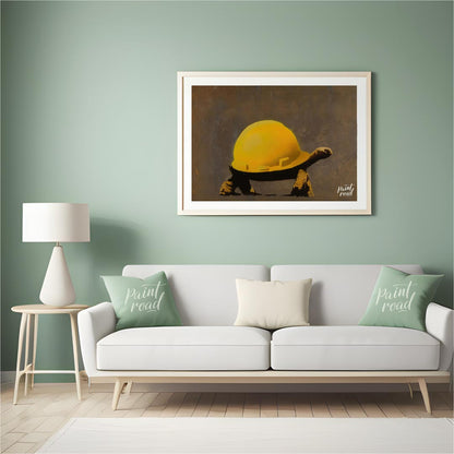 This humorous and subtly poignant art print features a Banksy stencil of a tortoise wearing a large… for living room