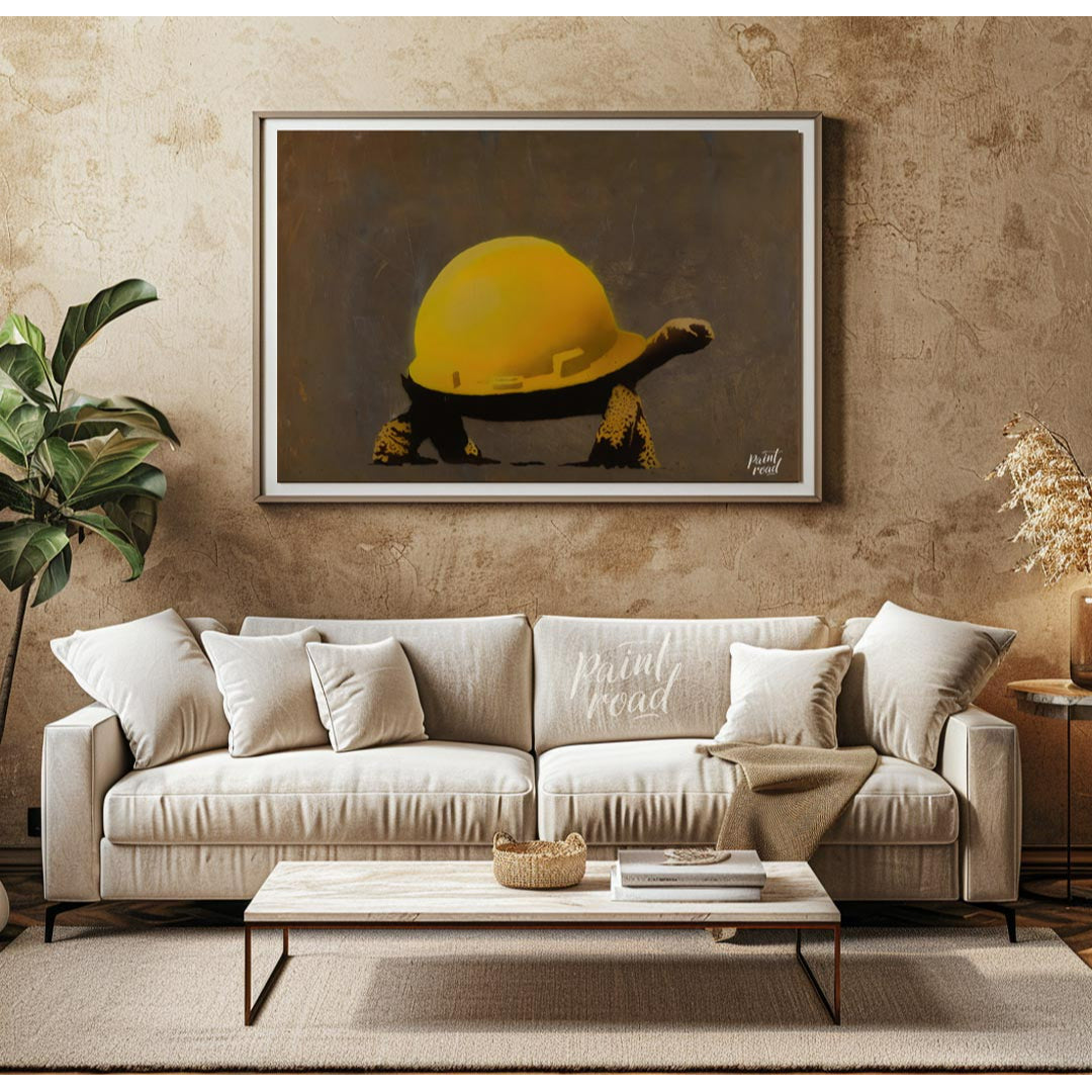 This humorous and subtly poignant art print features a Banksy stencil of a tortoise wearing a large… for living room
