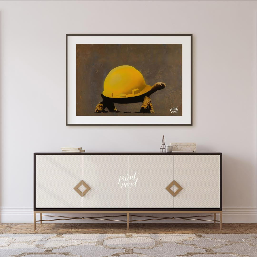 This humorous and subtly poignant art print features a Banksy stencil of a tortoise wearing a large… for living room