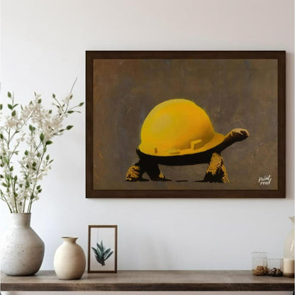 This humorous and subtly poignant art print features a Banksy stencil of a tortoise wearing a large… for living room