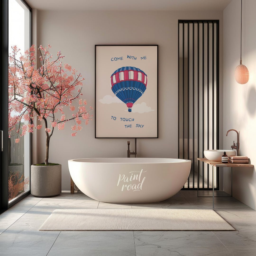 This whimsical and inspiring illustration features a colorful hot air balloon floating gently amids… for bathroom