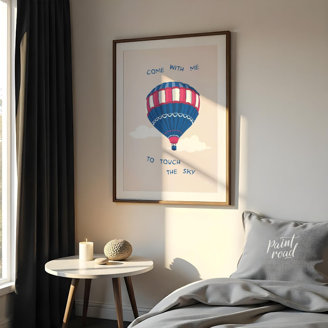This whimsical and inspiring illustration features a colorful hot air balloon floating gently amids… for bedroom