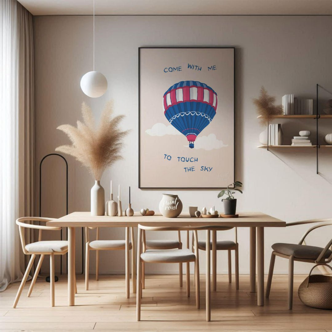 This whimsical and inspiring illustration features a colorful hot air balloon floating gently amids… for dining room