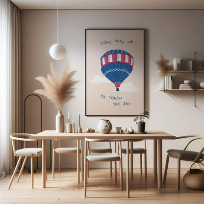 This whimsical and inspiring illustration features a colorful hot air balloon floating gently amids… for dining room