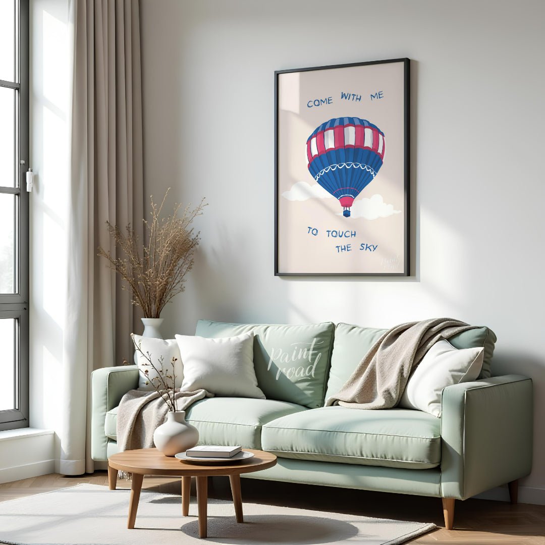 This whimsical and inspiring illustration features a colorful hot air balloon floating gently amids… for living room