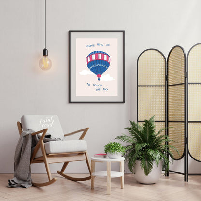 This whimsical and inspiring illustration features a colorful hot air balloon floating gently amids… for living room