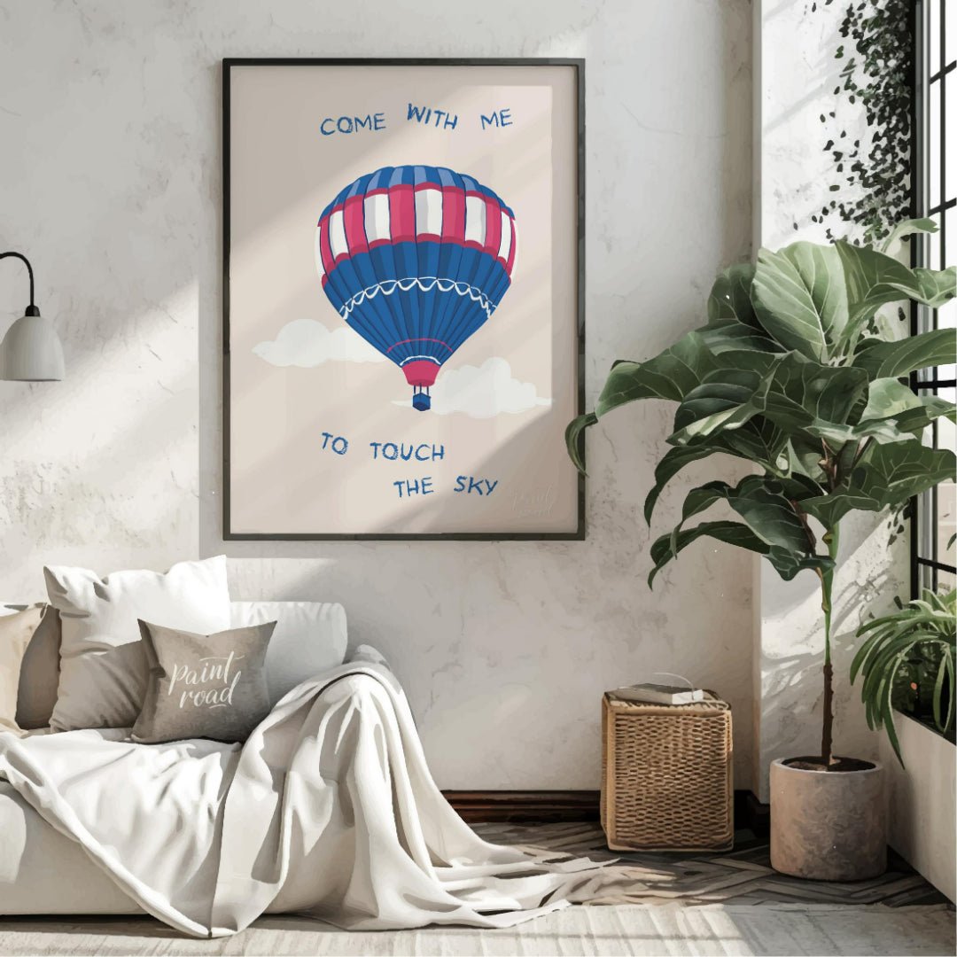 This whimsical and inspiring illustration features a colorful hot air balloon floating gently amids… for living room