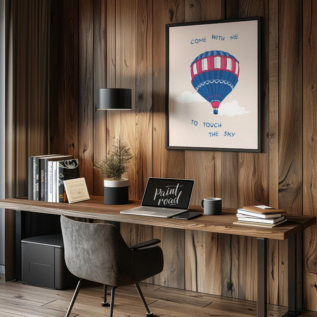 This whimsical and inspiring illustration features a colorful hot air balloon floating gently amids… for office