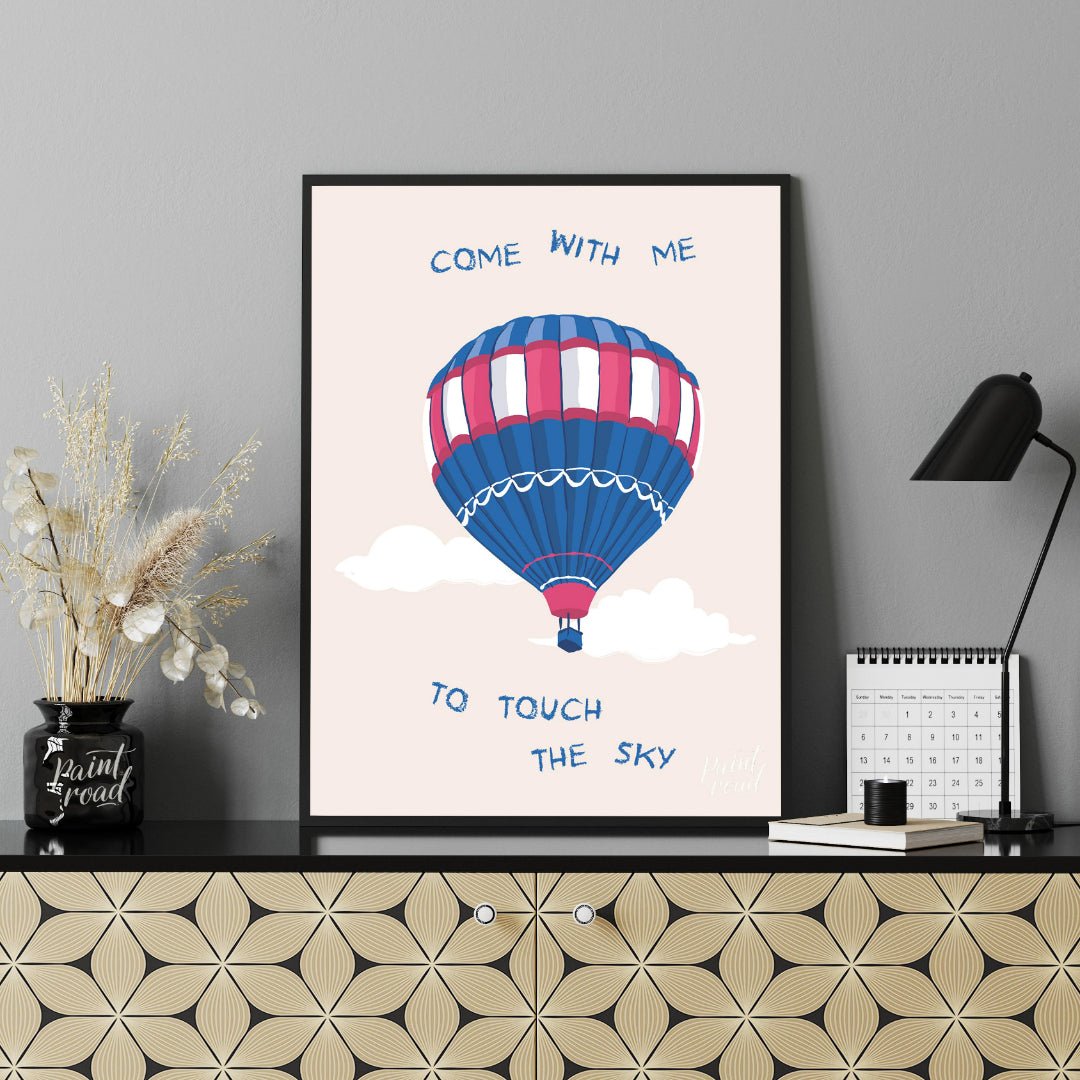 This whimsical and inspiring illustration features a colorful hot air balloon floating gently amids… for office