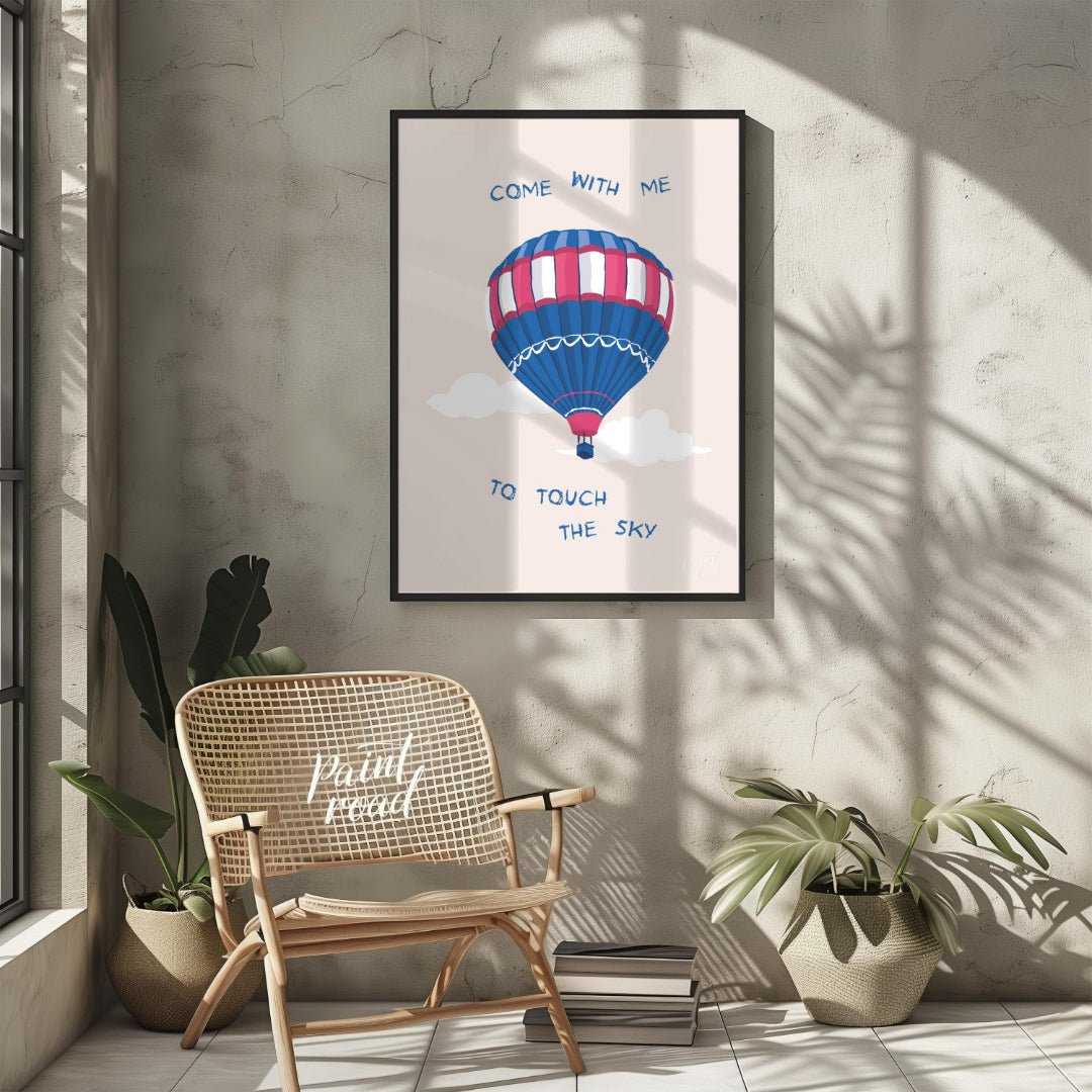 This whimsical and inspiring illustration features a colorful hot air balloon floating gently amids… for other
