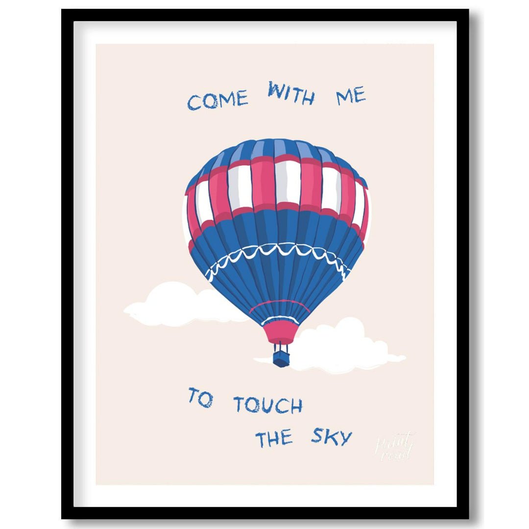 This whimsical and inspiring illustration features a colorful hot air balloon floating gently amids… for room