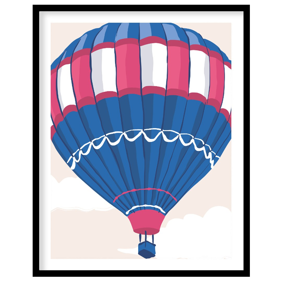 This whimsical and inspiring illustration features a colorful hot air balloon floating gently amids… for room