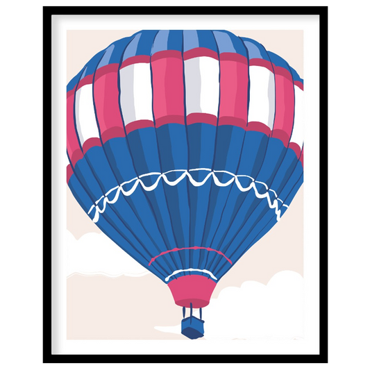 This whimsical and inspiring illustration features a colorful hot air balloon floating gently amids… for room