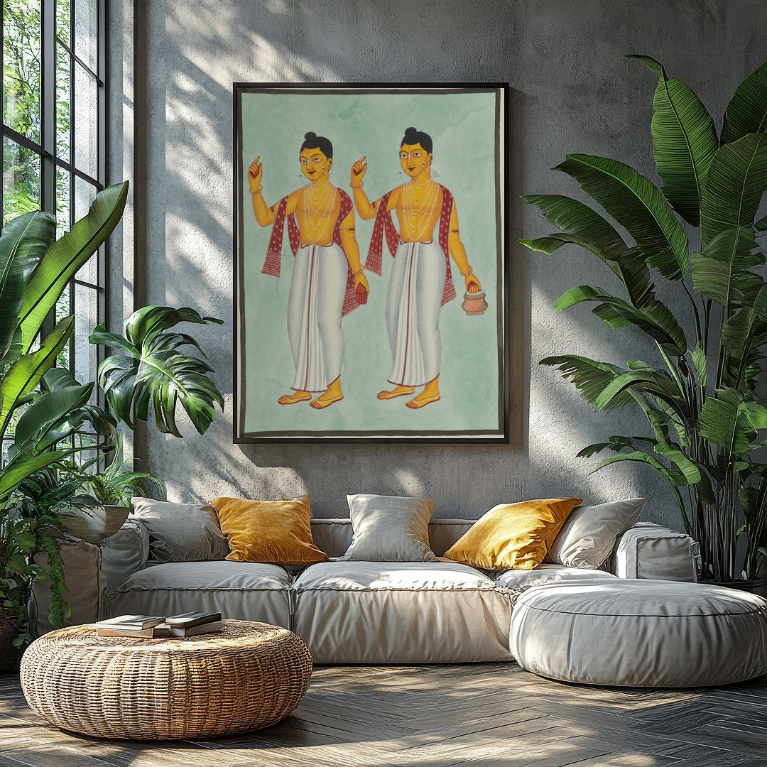 This exquisite artwork beautifully captures two traditional figures adorned in classic attire, for Balcony