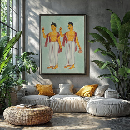 This exquisite artwork beautifully captures two traditional figures adorned in classic attire, for Balcony