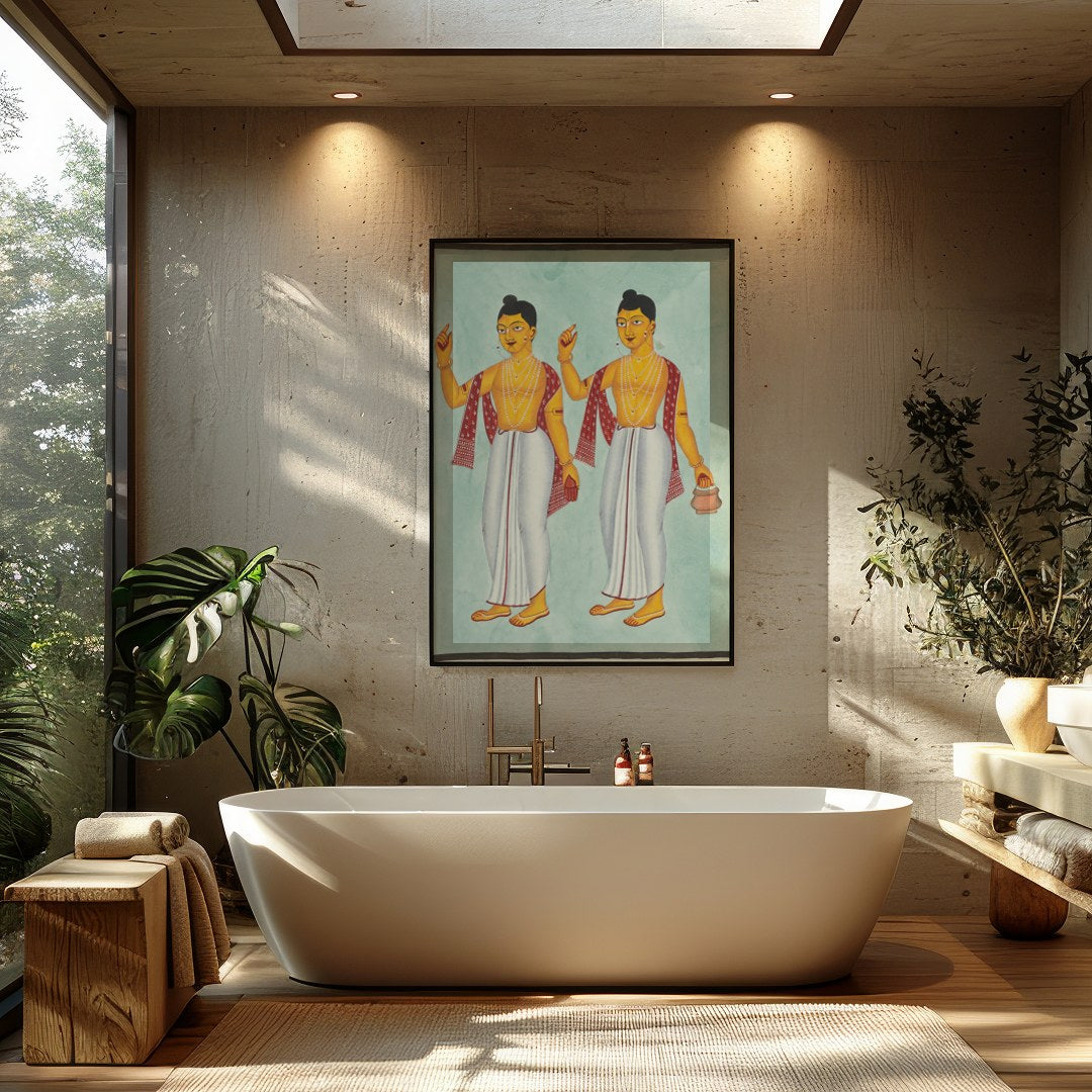 This exquisite artwork beautifully captures two traditional figures adorned in classic attire, for Bathroom