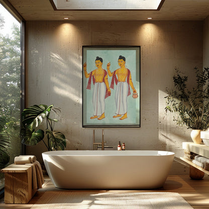 This exquisite artwork beautifully captures two traditional figures adorned in classic attire, for Bathroom