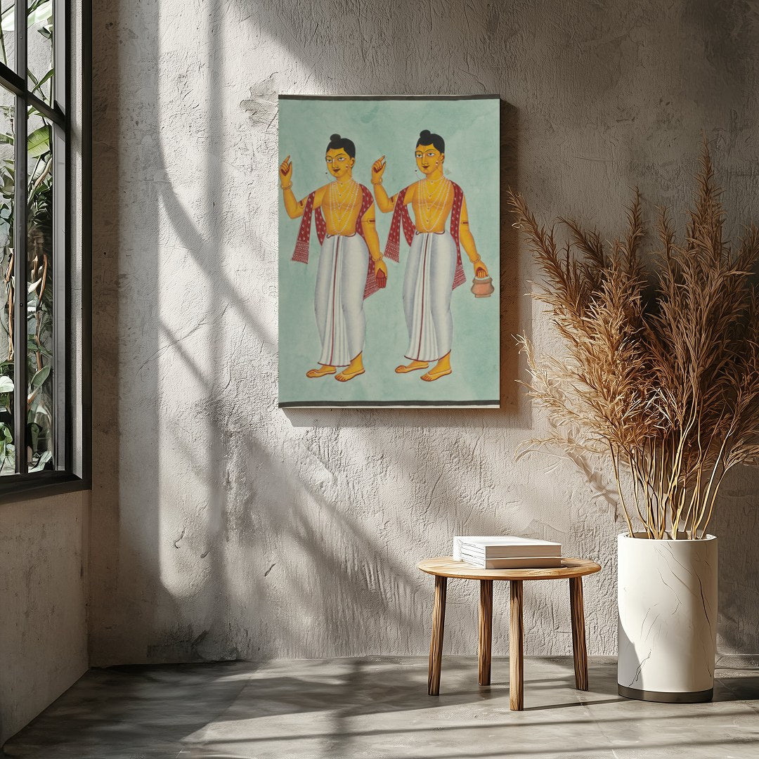 This exquisite artwork beautifully captures two traditional figures adorned in classic attire, for Entrance