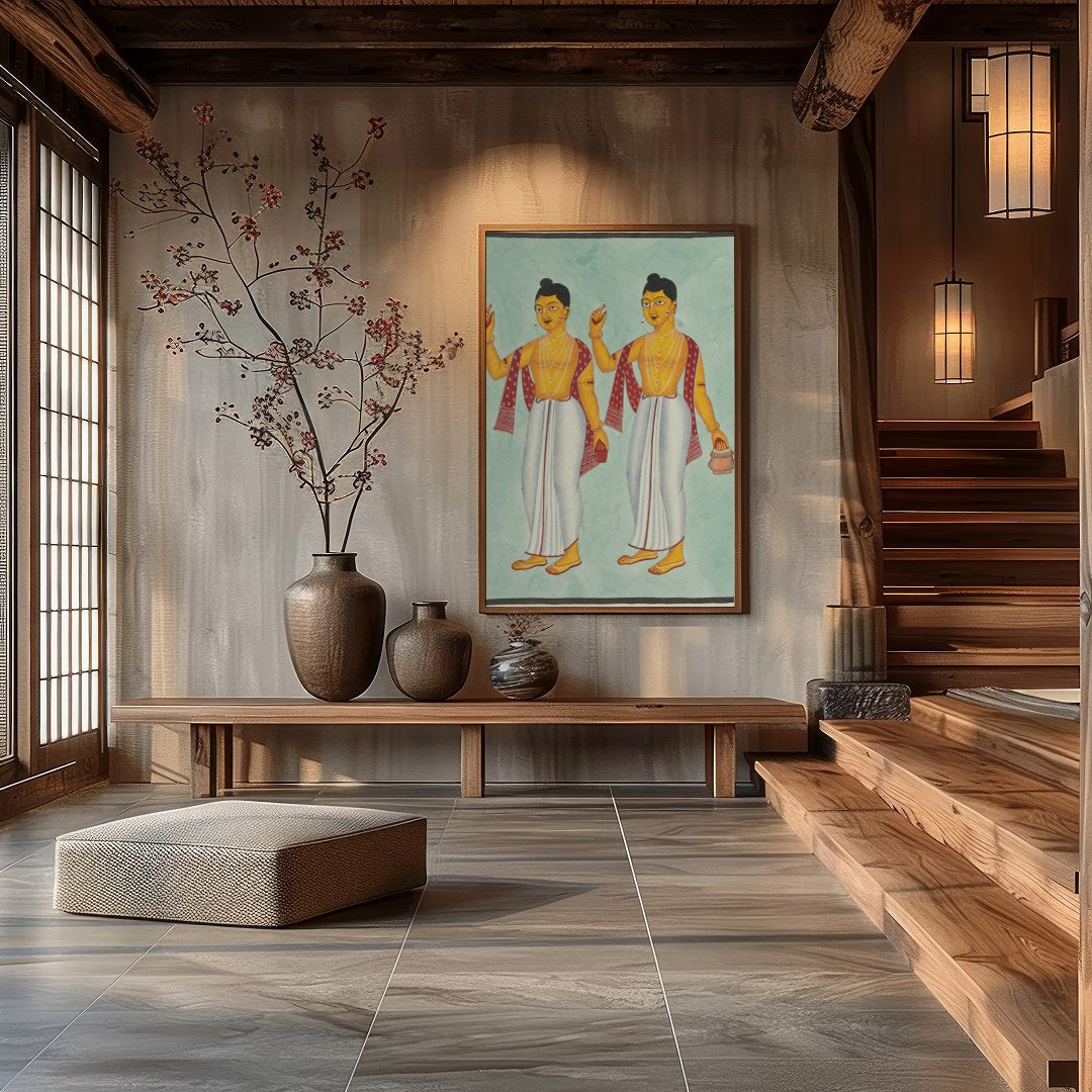 This exquisite artwork beautifully captures two traditional figures adorned in classic attire, for Hall