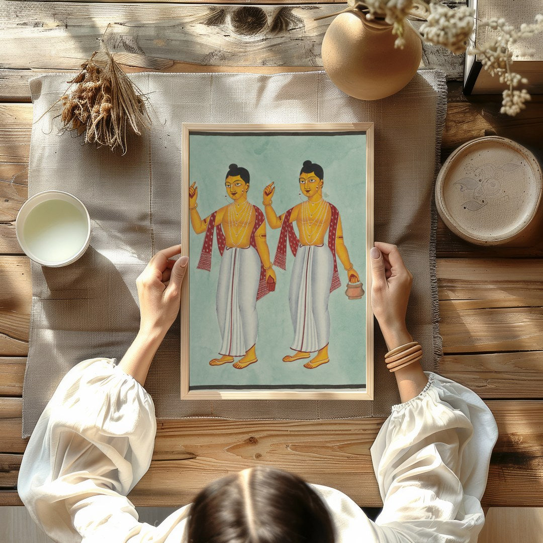 This exquisite artwork beautifully captures two traditional figures adorned in classic attire, for Kitchen