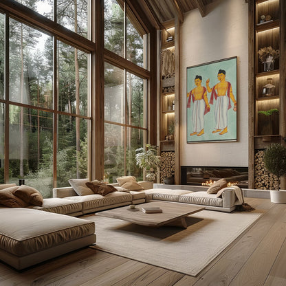This exquisite artwork beautifully captures two traditional figures adorned in classic attire, for Living Room
