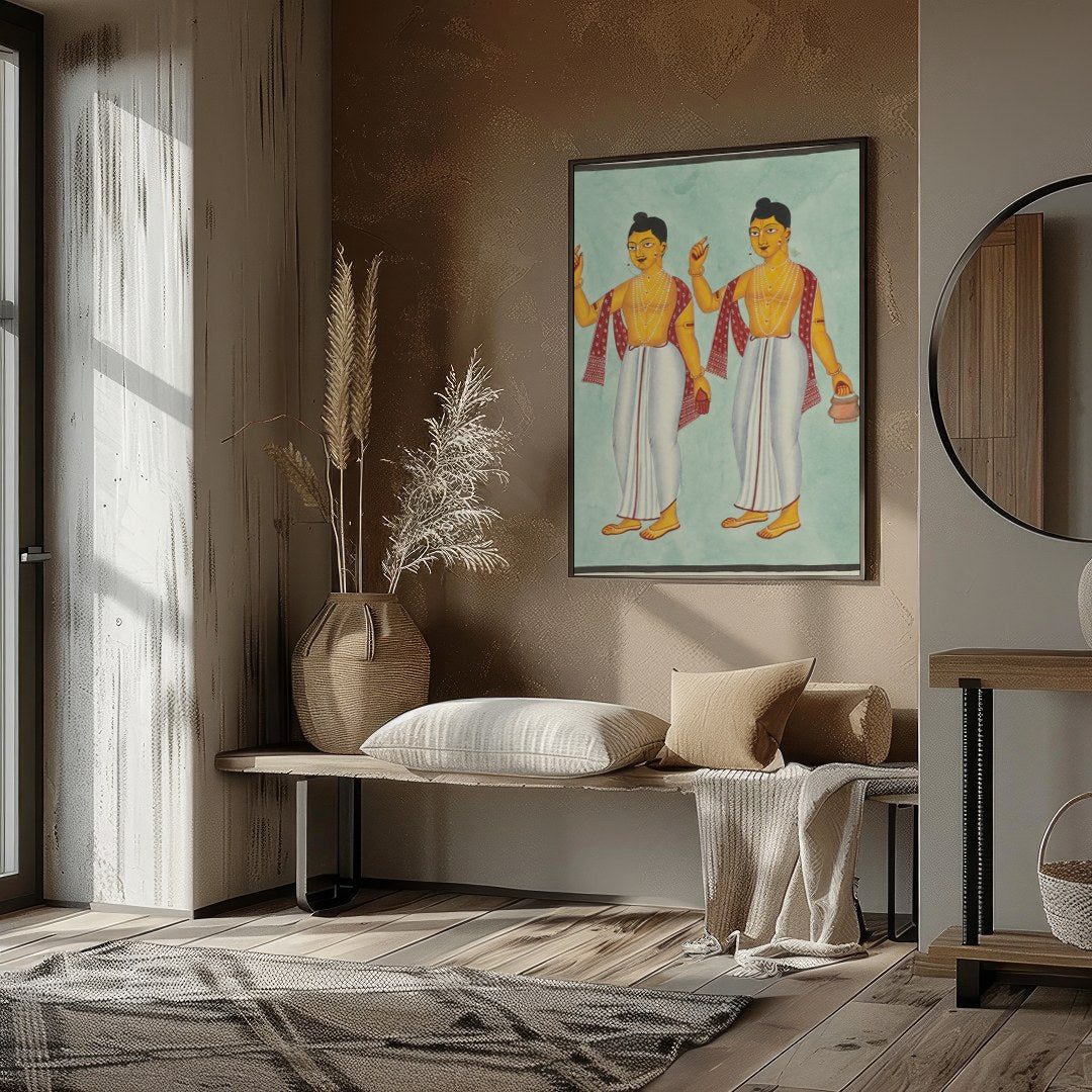 This exquisite artwork beautifully captures two traditional figures adorned in classic attire, for residence