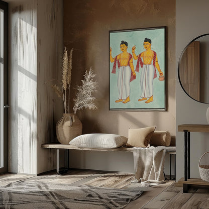 This exquisite artwork beautifully captures two traditional figures adorned in classic attire, for residence