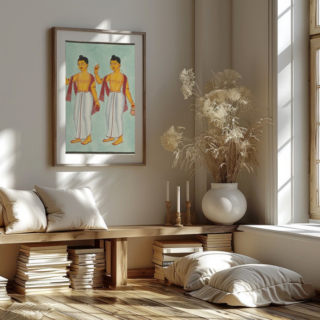 This exquisite artwork beautifully captures two traditional figures adorned in classic attire, for retreat