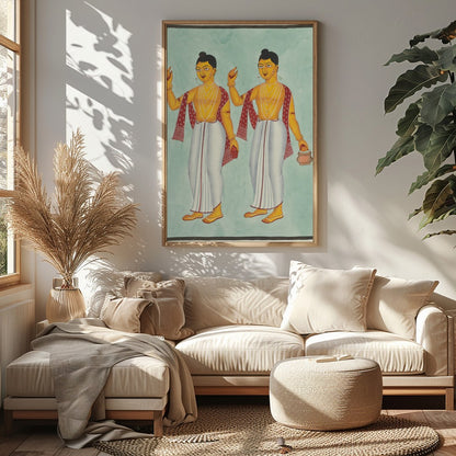 This exquisite artwork beautifully captures two traditional figures adorned in classic attire, for Sitting Area