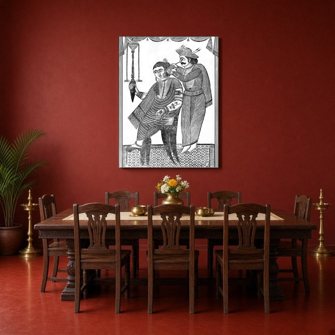This exquisite piece captures a moment of delicate care, rendered in the distinctive Kalighat for Dining