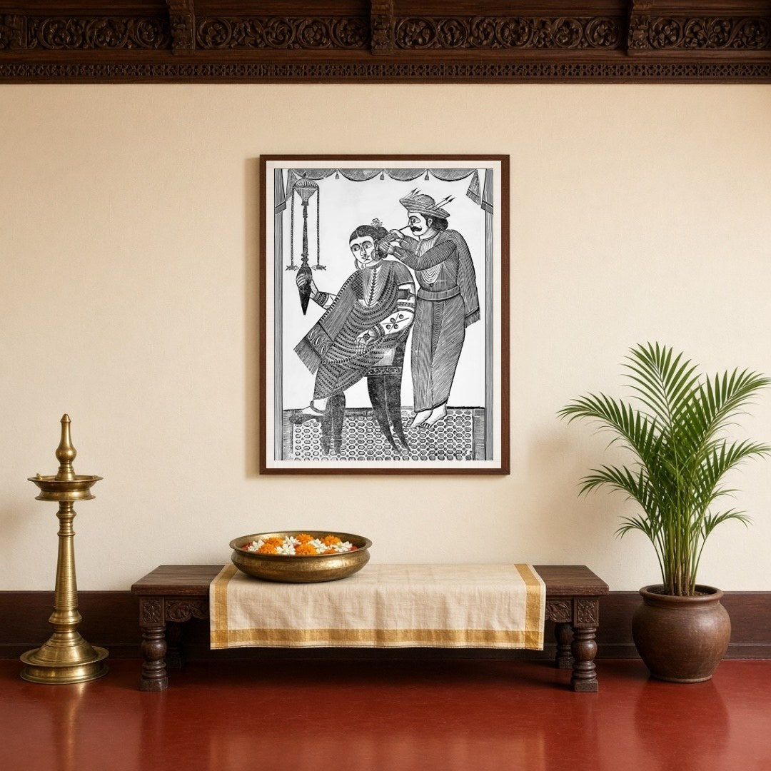 This exquisite piece captures a moment of delicate care, rendered in the distinctive Kalighat for Entrance