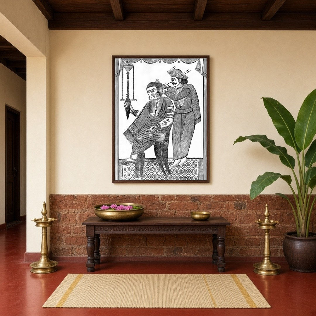 This exquisite piece captures a moment of delicate care, rendered in the distinctive Kalighat for Hallway