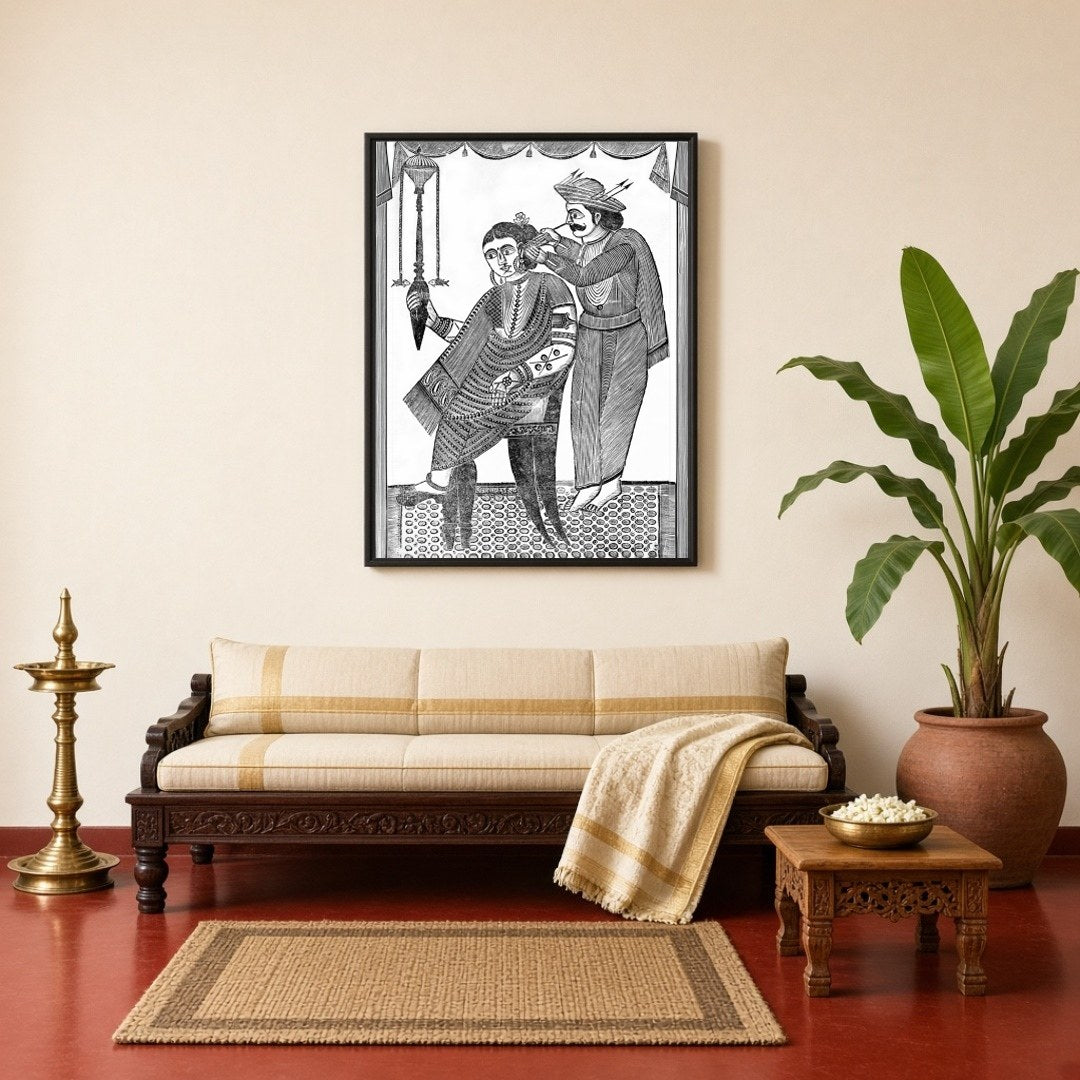 This exquisite piece captures a moment of delicate care, rendered in the distinctive Kalighat for Living Room