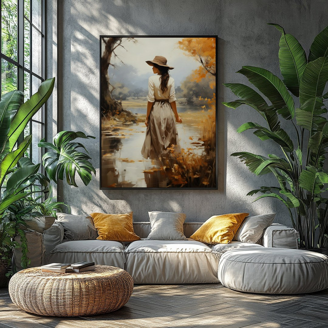 Capture the serene beauty of autumn with this elegant piece, showcasing a solitary figure amidst a for Balcony