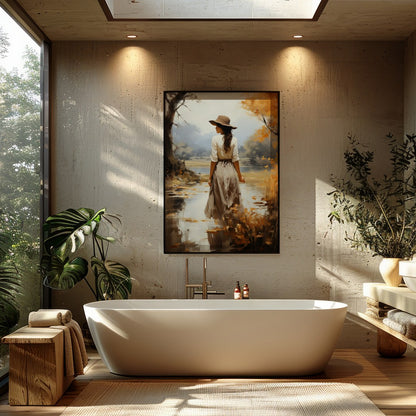 Capture the serene beauty of autumn with this elegant piece, showcasing a solitary figure amidst a for Bathroom