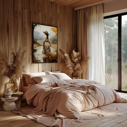 Capture the serene beauty of autumn with this elegant piece, showcasing a solitary figure amidst a for Bedroom