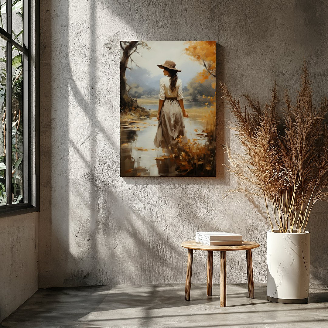 Capture the serene beauty of autumn with this elegant piece, showcasing a solitary figure amidst a for Entrance