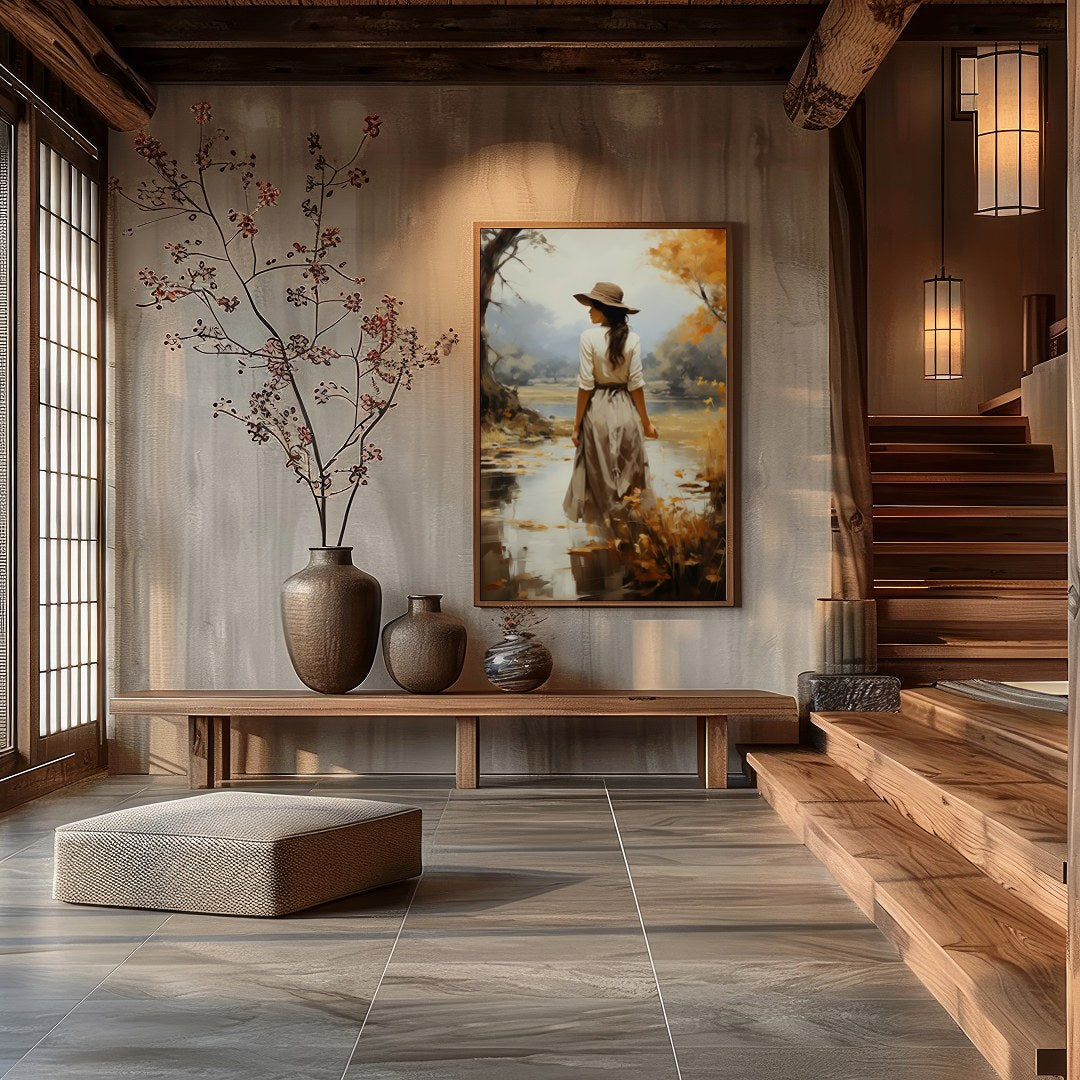 Capture the serene beauty of autumn with this elegant piece, showcasing a solitary figure amidst a for Hall
