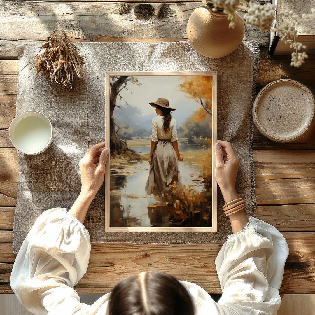 Capture the serene beauty of autumn with this elegant piece, showcasing a solitary figure amidst a for Kitchen