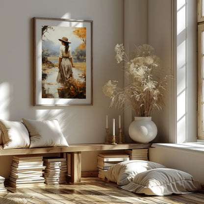 Capture the serene beauty of autumn with this elegant piece, showcasing a solitary figure amidst a for living-space