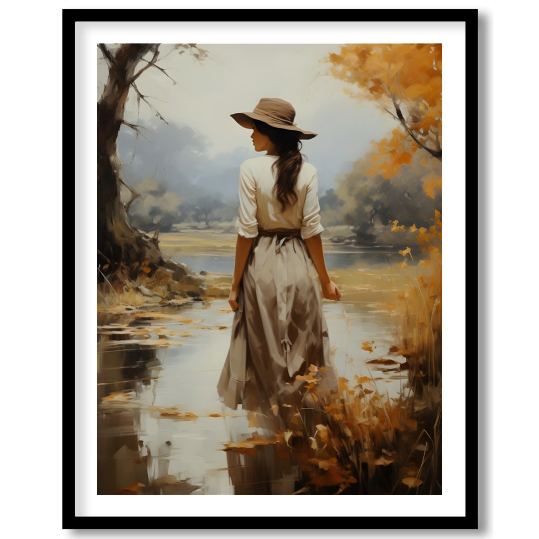 Capture the serene beauty of autumn with this elegant piece, showcasing a solitary figure amidst a for lovely-house