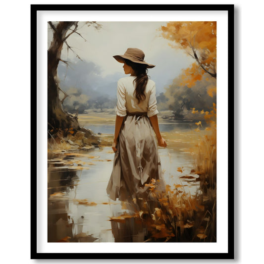 Capture the serene beauty of autumn with this elegant piece, showcasing a solitary figure amidst a for lovely-house