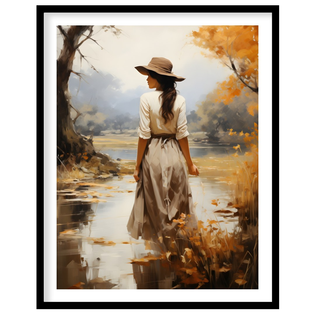 Capture the serene beauty of autumn with this elegant piece, showcasing a solitary figure amidst a for lovely-house