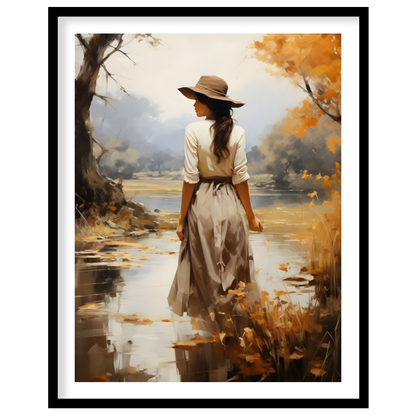 Capture the serene beauty of autumn with this elegant piece, showcasing a solitary figure amidst a for lovely-house