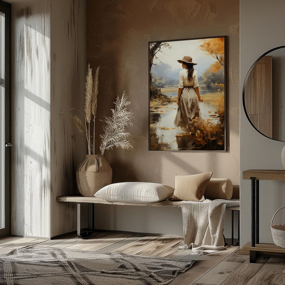 Capture the serene beauty of autumn with this elegant piece, showcasing a solitary figure amidst a for office