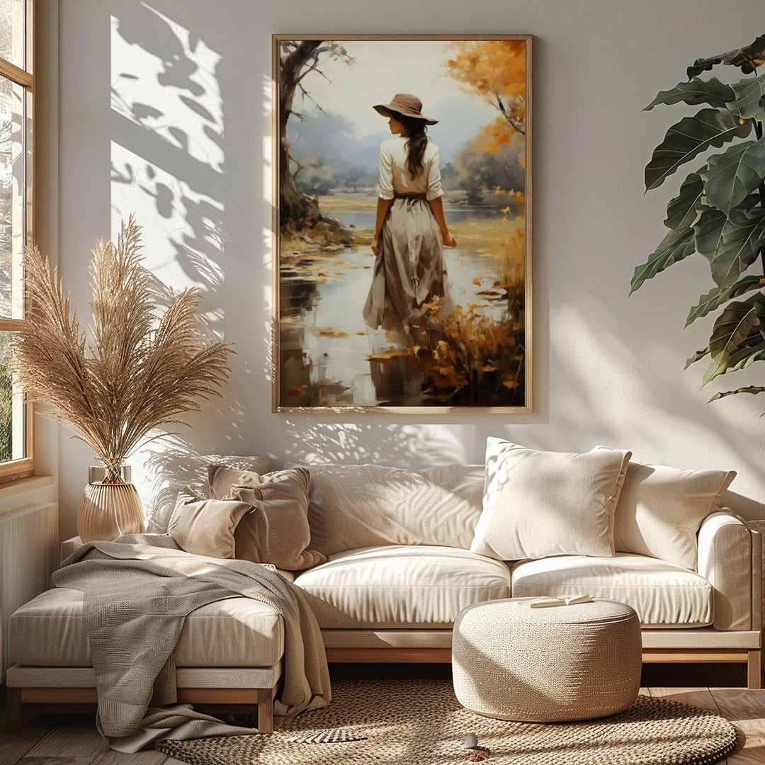 Capture the serene beauty of autumn with this elegant piece, showcasing a solitary figure amidst a for Sitting Area
