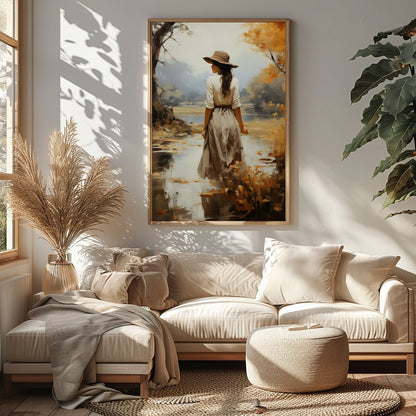 Capture the serene beauty of autumn with this elegant piece, showcasing a solitary figure amidst a for Sitting Area